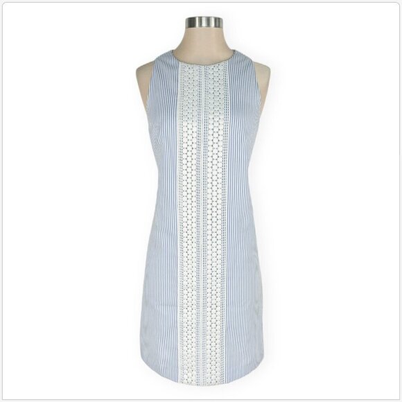 London Times Blue White Crochet Lace Panel Seersucker Stripe Shift Dress Size 8 - Picture 2 of 5